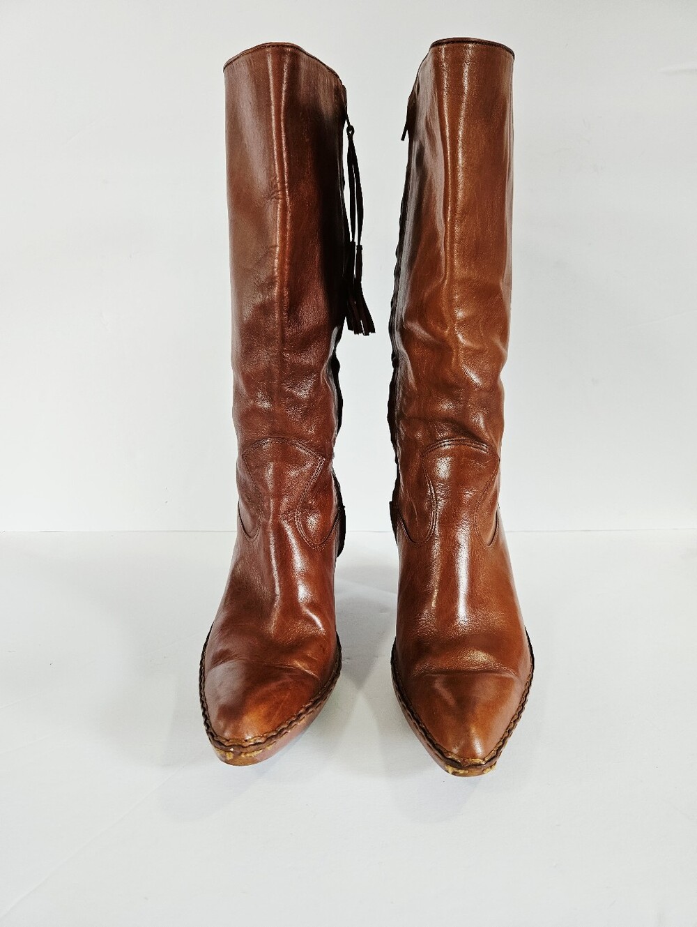 Vintage Frye Phoenix Cognac Brown Leather Stacked Heel Western Cowboy Boots 10 - Picture 7 of 15